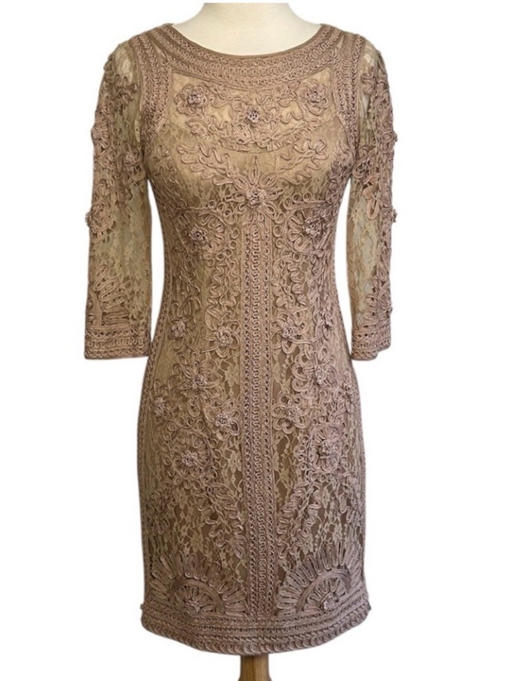 Sue Wong Nocturne Crochet Lace ribbon and rosette mesh sheath Beige dress size 2